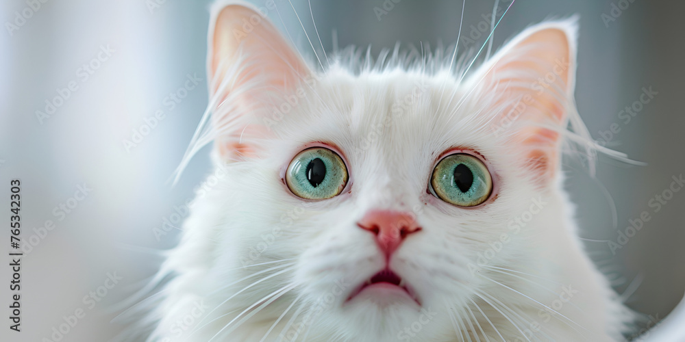Portrait of white cat with blue eyes on  blurly window background Portrait of cute white cat with blue eyes .