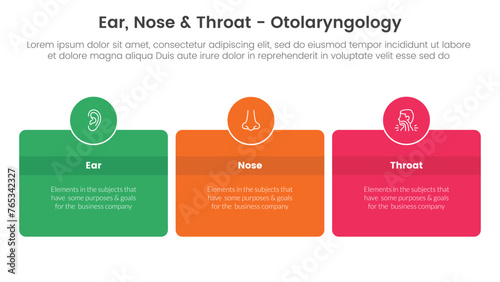 ent health treatment disease infographic 3 point stage template with round box and circle badge on center with horizontal direction for slide presentation