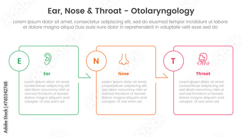 ent health treatment disease infographic 3 point stage template with box outline table arrow right direction for slide presentation