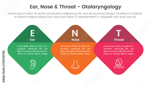 ent health treatment disease infographic 3 point stage template with round diamond on horizontal direction for slide presentation