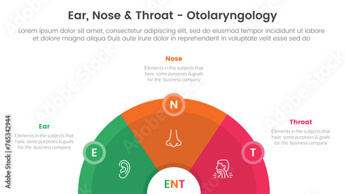 ent health treatment disease infographic 3 point stage template with half circle horizontal with circle badge for slide presentation