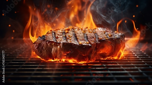 Flames flare around a 3D steak grill, realistic beef steak frying, close-up, capturing the heat's intensity, dark background