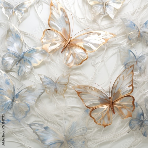 Gathering of butterflies  wings like frosted glass sculptures  shimmering with metallic hues  over white