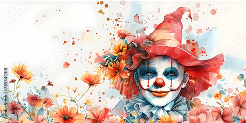 April Fool's Day holiday banner with a cheerful clown and flowers, watercolor illustration.