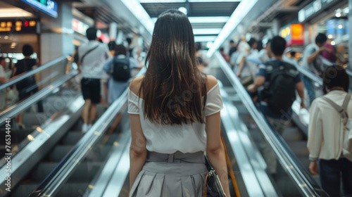 Corporate woman from back wearing miniskirt on escalator crowded with people on the way to work.