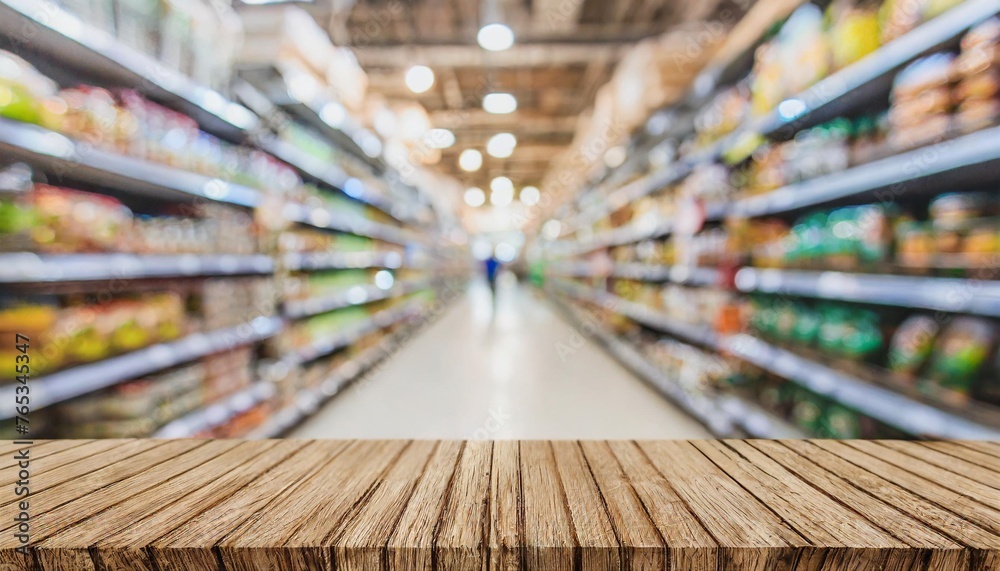 wood table top with supermarket aisle blur background for product display