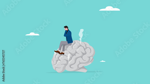 stressed businessman sitting on a damaged or dead brain, broken brain concept, brain damage caused by pornography or PMO