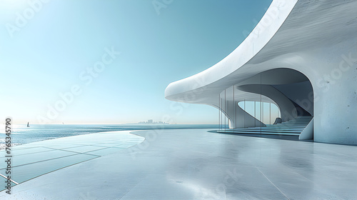 An open space for showcasing products,Minimalist white background with blue sky, overlooking the vast sea and distant cityscape.For posters, covers, Product Showcase