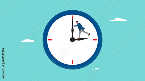 turn back time concept illustration, trying to get time back, extension of time to complete the work, businessman tries to turn back the clock to rewind time concept vector illustration