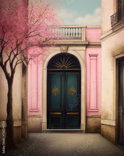 Old Door and Pink Cherry Blossoms in the street in old town. Paris Door, Illustration in Vintage Style © maxa0109