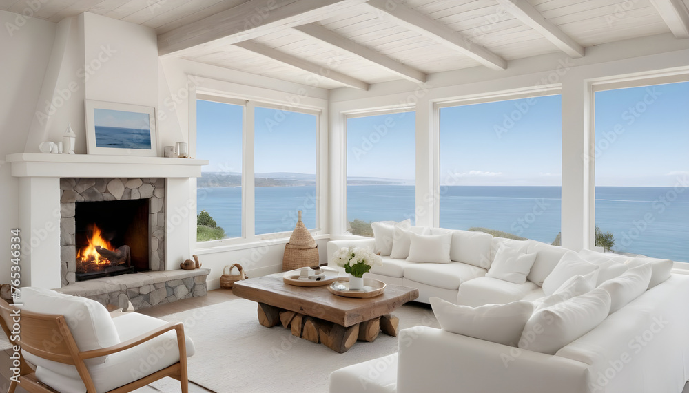 Fototapeta premium modern living room with fireplace and neutral decor with ocean view