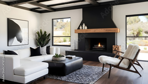 cozy room with black and white decor with fireplace and wood beamed ceiling