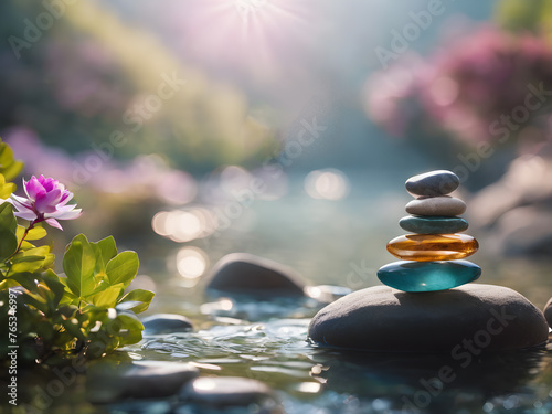 Balanced stones stack in water with reflection. AI generated image, ai. Balanced stones stack in water.