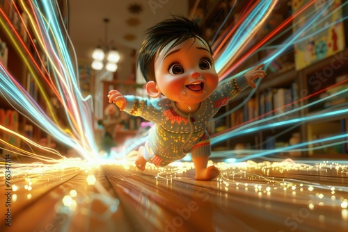 A smiling animated baby takes tentative first steps amidst colorful light speed trails in a vibrant home setting. 