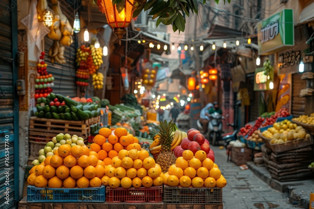 A bustling market street lined with fruit stalls under the warm glow of hanging lanterns, capturing the essence of local commerce.