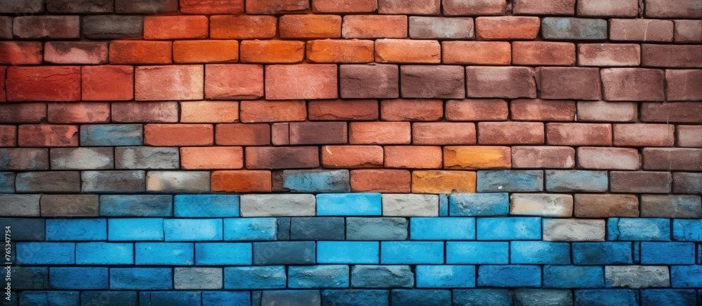 A rectangular brown brick wall with a rainbow of colors painted on it, showcasing a beautiful blend of art and building material A rectangular brown brick wall with a rainbow of colors painted on it, showcasing a beautiful blend of art and building material