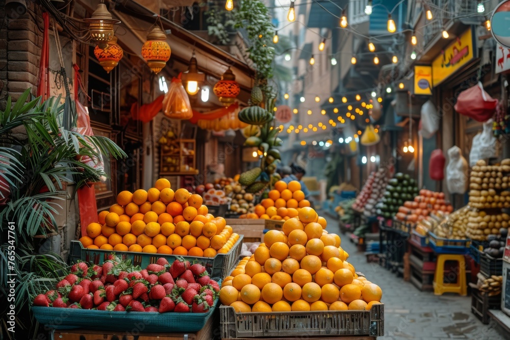 A bustling market street lined with fruit stalls under the warm glow of hanging lanterns, capturing the essence of local commerce.