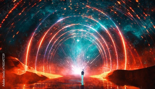 space futuristic landscape fiery meteorites sparks smoke light arches dark background with light element in the center silhouette of a man a reflection of neon lights 3d rendering