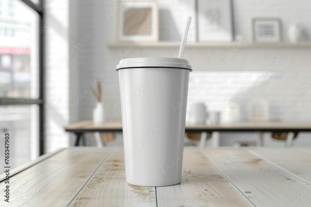 White Takeout Coffee Cup in Cafe Setting - This image showcases a tall white takeout coffee cup with lid and straw placed on a wooden table in a cozy cafe environment with blurred interior detail White Takeout Coffee Cup in Cafe Setting - This image showcases a tall white takeout coffee cup with lid and straw placed on a wooden table in a cozy cafe environment with blurred interior detail