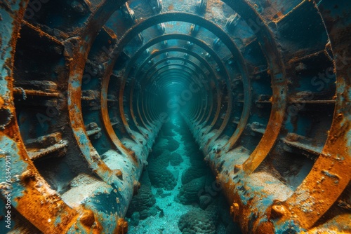 Underwater view of old and corroded pipeline - An underwater perspective showing the captivating beauty of a coral-covered pipeline structure in the depths