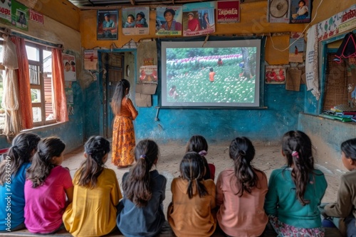 Children in a rural classroom watch an educational video attentively.
