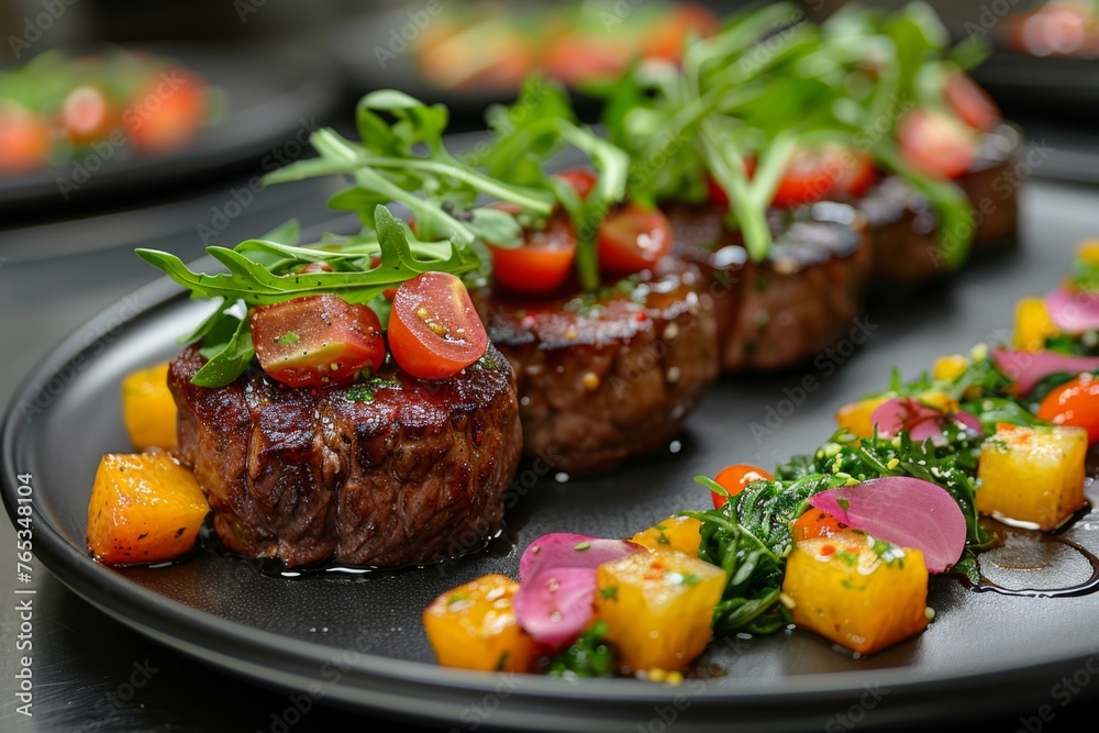 Grilled steak garnished with arugula and tomatoes, served with colorful roasted vegetables.