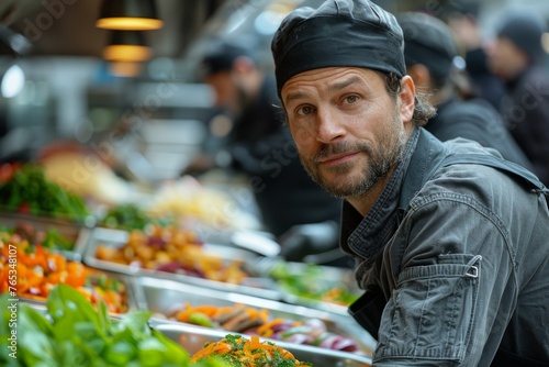 Chef at a salad bar preparing a fresh vegetable dish, focused and professional.