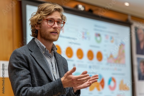 An animated man presenting colorful data charts during a lecture or meeting.