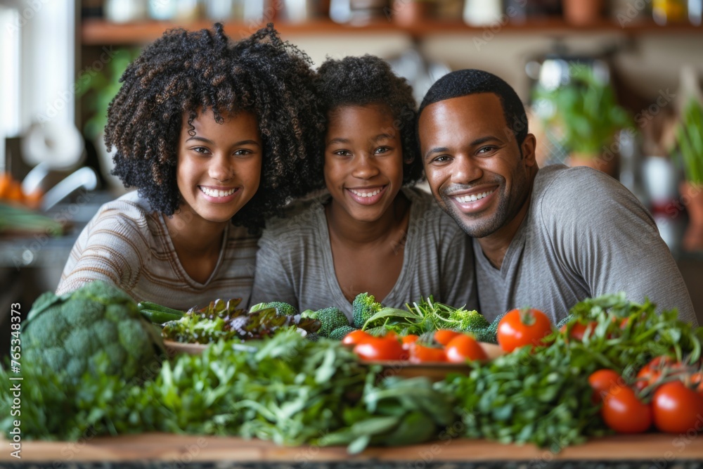 Smiling family with fresh vegetables in a modern kitchen setting.