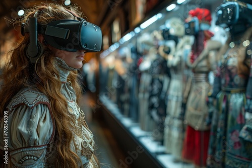 A woman in historical costume experiencing virtual reality in a gallery.