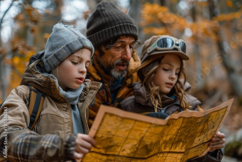 Wallpaper Mural Grandfather and grandchildren examining a map in autumn woods, engrossed and learning. Torontodigital.ca