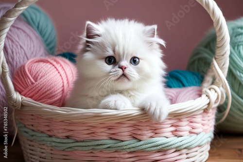 Persian white cat cub peeking out from a basket of yarn image kitten, kitty, young cat, catling, catlet, feline cub, cat baby, small cat, chaton, gatito, gattino stock photo  photo