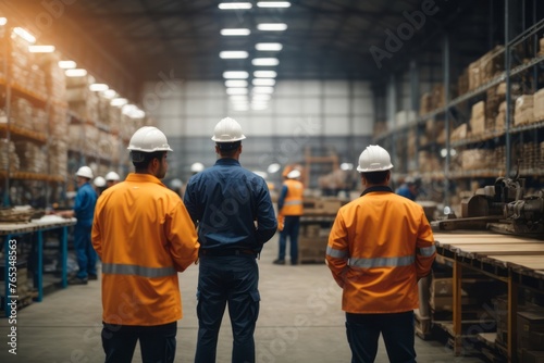 Industrial workers in factory warehouse wearing hat and safety suit