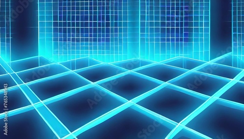 a background with neon blue squares arranged in a grid pattern with a 3d effect and a parallax scroll photo