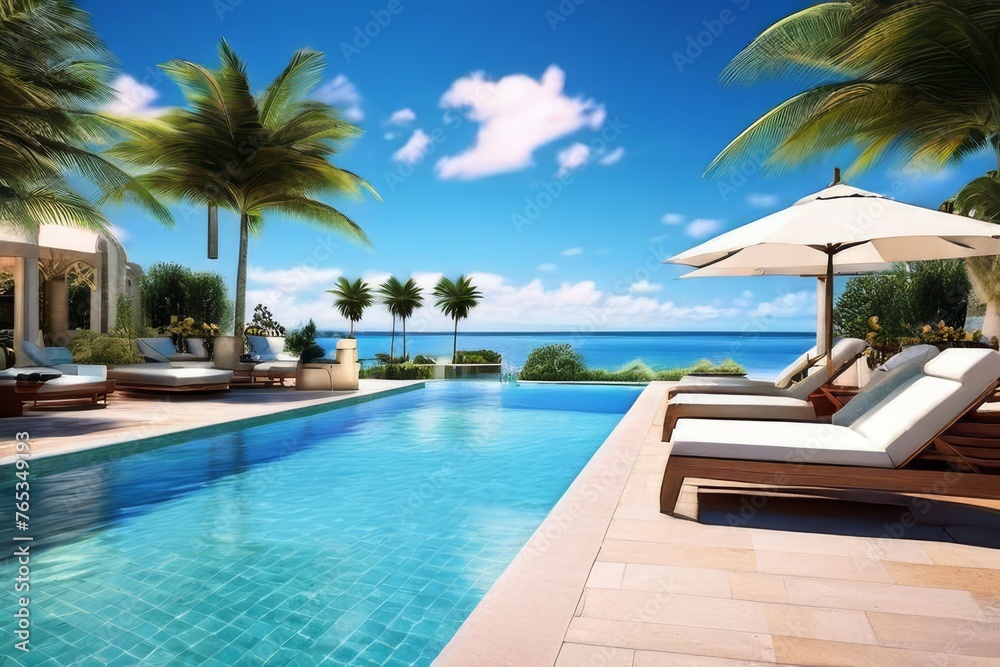 Luxurious resort pool with palm trees and blue water Luxurious resort pool with palm trees and blue water