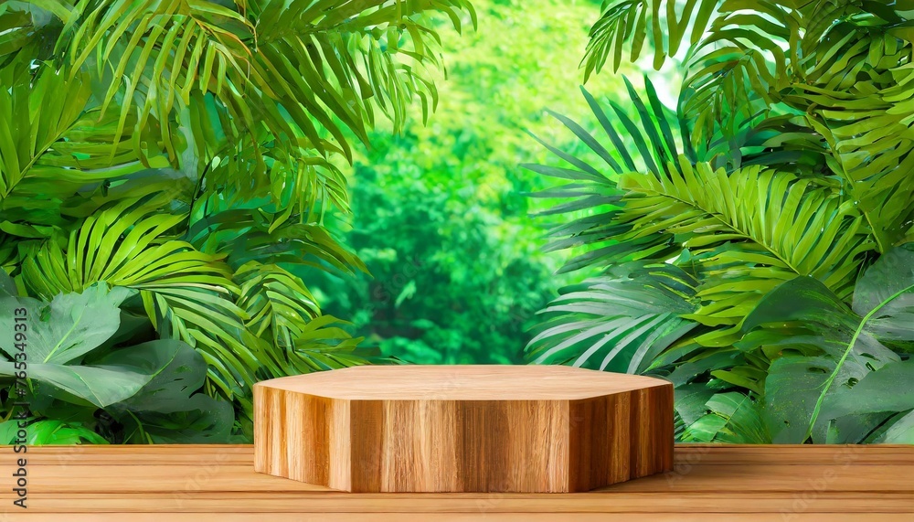 product presentation with a wooden podium set amidst a lush tropical forest enhanced by a vibrant green backdrop 3d rendering
