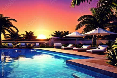 Luxurious resort pool with palm trees and blue water © solution