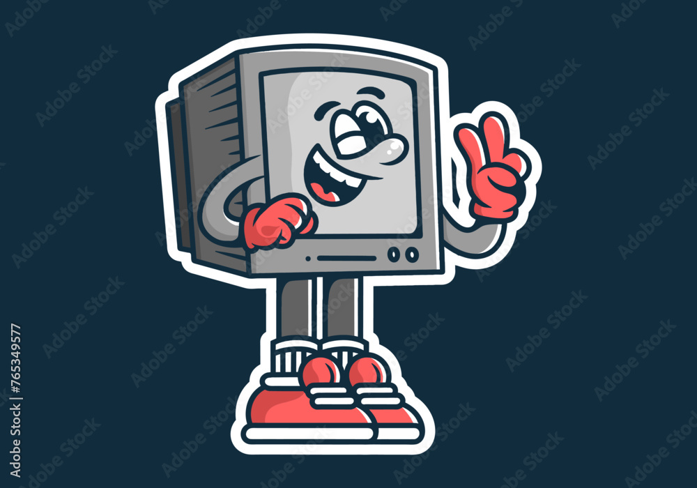 Mascot character of old monitor standing with hand forming a peace symbol. Gray color Mascot character of old monitor standing with hand forming a peace symbol. Gray color
