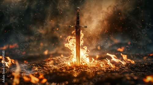Sword of Grace and Peace. A flaming sword stuck in the ground. F photo