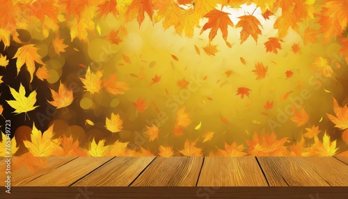 maple leaves background with natural falling yellow and orange leaves and a wooden table illustration
