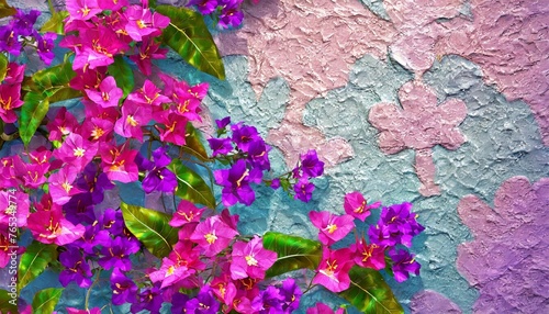 vibrant tropical floral pattern background with pink bougainvillea and purple violets on a 3d stucco wall © Kristopher