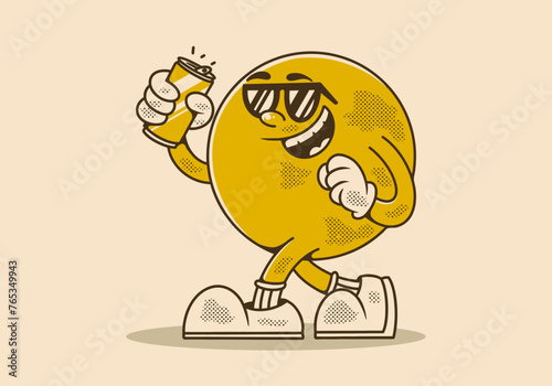 Vintage character of yellow ball head holding a beer can © Adipra