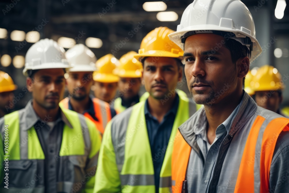 Team of construction workers, engineers or architects wearing hat and safety suit at construction building site Team of construction workers, engineers or architects wearing hat and safety suit at construction building site