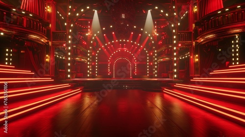 Empty red stage surrounded by many lights, in the style of cabaret theatre.