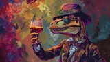 Dinosaur holding a glass of wine with sophistication, Psychedelic funk art