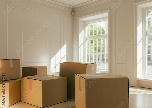 moving cardboard boxes in an empty room illustration. © melhak