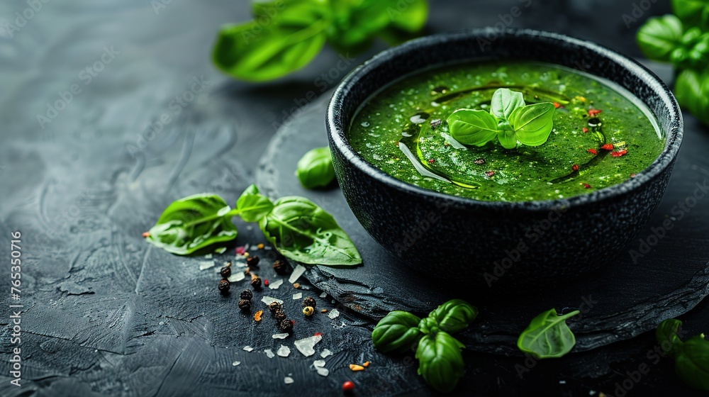 Broccoli, spinach and green peas cream soup on a dark concrete background. Broccoli, spinach and green peas cream soup on a dark concrete background.
