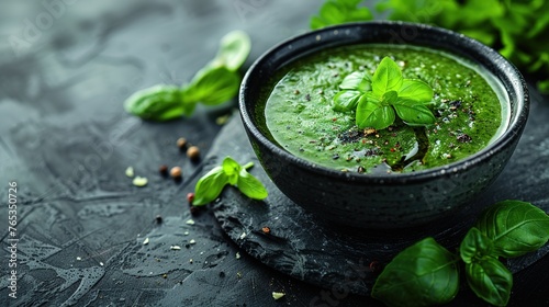 Broccoli, spinach and green peas cream soup on a dark concrete background.