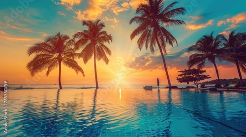 Palm trees and swimming pool at tropical resort beach on sunset