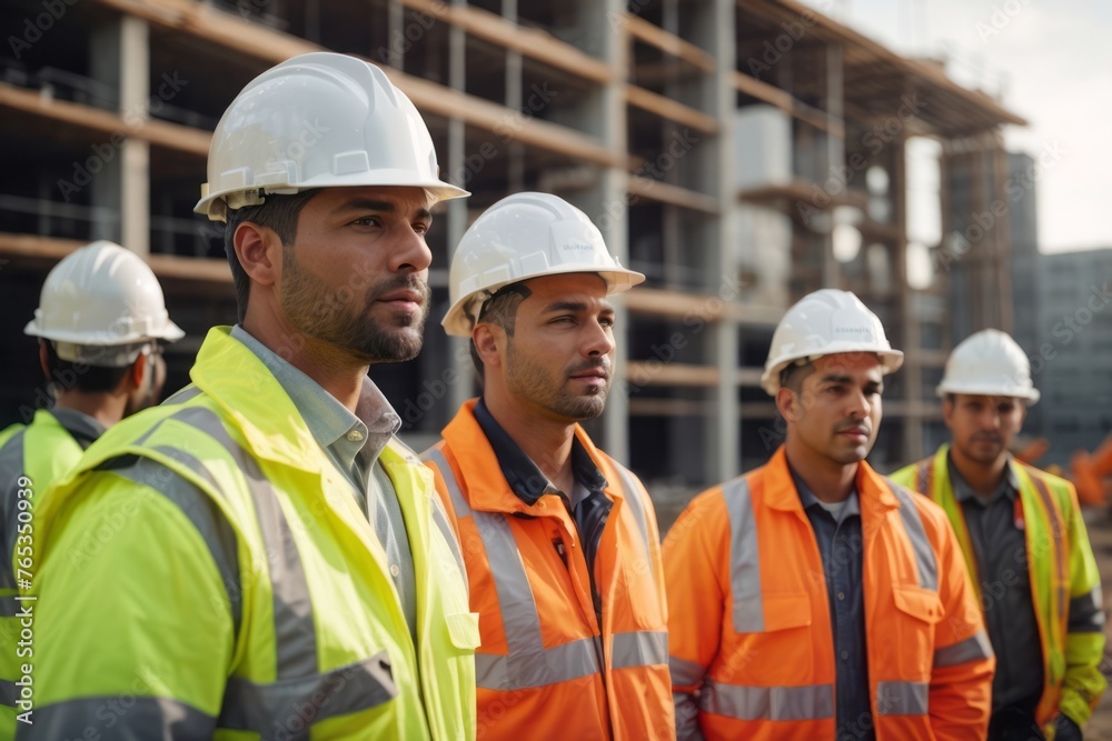Team of construction workers, engineers or architects wearing hat and safety suit at construction building site Team of construction workers, engineers or architects wearing hat and safety suit at construction building site